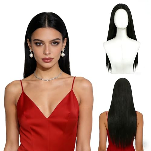 Perücke Damen Schwarz Lang, Lange Gerade Schwarz Perücke für Damen mit Mittelscheitel, 70cm Schwarze Perücke für Karneval Cosplay, Echthaar Perücke, Synthetische Perücken für Alltag & Kostümparty