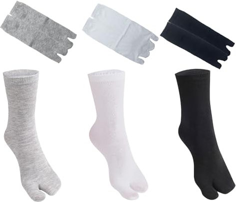 6 Paia Calzini Tabi Con Dita Divise, Calze Flip Flop in Cotone per Uomo e Donne Con Alluce Separato - Elastico, Dita Sparsa (Nero, Bianco, Grigio)