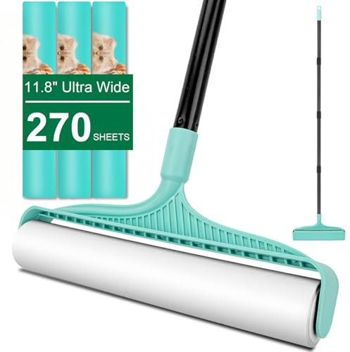 KeFanta Große Fusselrollen für Tierhaare, extra klebrig, 30 cm breit, riesige Fusselrolle mit 134,6 cm langem Griff, großer Tierhaar-Kleberentferner für Bodenteppiche, Couch, Kleidung (270 Blatt) | 270 Blatt, extra klebrig, riesiger Tierhaarentferner, für Bodenteppiche, Couch, Kleidung