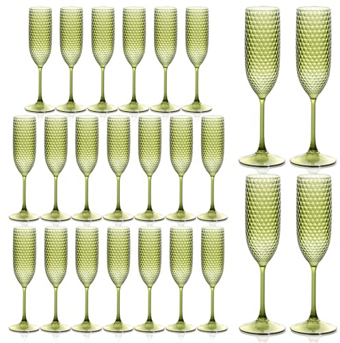 Plastic Champagne Flutes Champagne Glasses Unbreakable Wedding Toasting Glasses Reusable Diamond Wine Glasses Crystal Clear Party Wine Cups Vintage Drinking Glasses 5.5 OZ for Wedding (24, Green)