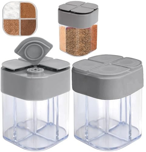 2 Pcs Salt and Pepper Sets 4 in 1 Clear Spice Jars Flip Cover Shaker Sugar Pots for Kitchen, BBQ, Camping, Restaurant, Dining 8.5x6.5x6.5 cm Grey