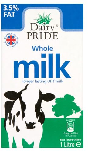 Dairy Pride UHT Whole Milk 1L (Pack of 8) | UHT Processed for Extended Freshness | Tasty & Creamy Whole Milk | Nutrient Rich-Calcium, Protein, & Vitamins | Ecofriendly & Convenient Tetra Pack