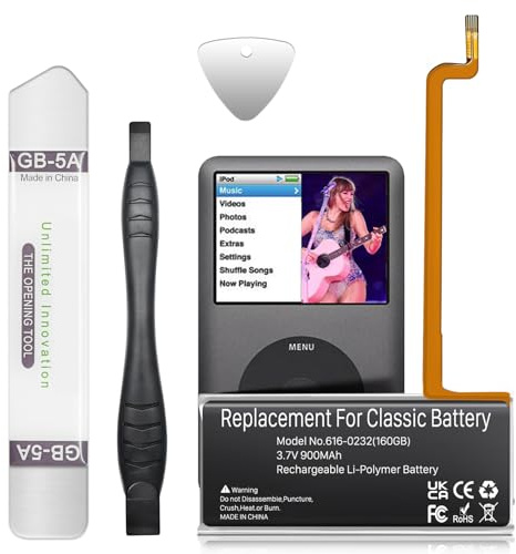 616-0232 Akku, 900mAh Ersatzbatterie mit hoher Kapazität Kompatibel mit iPod 5th - 7th Generation Video Classic A1136 A1238 6th 80GB 6.5th 120GB 7th 160GB 5th 30GB mit Reparaturwerkzeug Kits