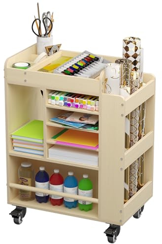 uyoyous Kunstwagen rollendes Holz, Kunst- und Handwerksbedarf Organizer, multifunktionaler Aufbewahrungsschrank Handwerk, DIY Gebrauchswagen mit Papierregal, Kunstbedarfswagen（50 * 32 * 66.8cm）