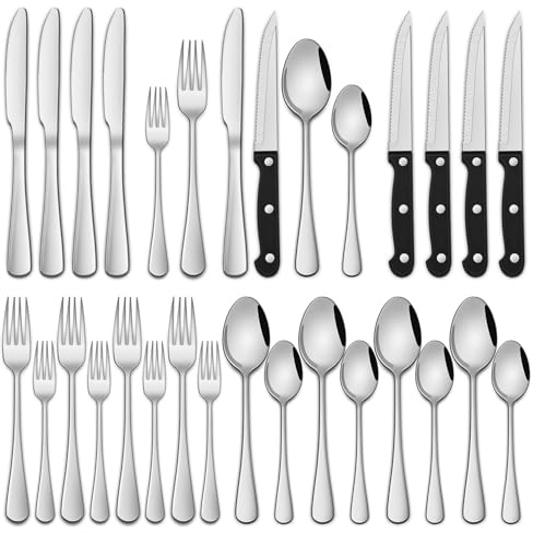 24-Piece Silverware Set with Steak Knives,Flatware Set Service for 4 Person, Food-Grade Stainless Steel Cutlery Set,Includes Knife Spoon And Fork, Mirror Finished Utensil Sets for Home Restaurant