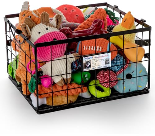 Mlanka Dog Toy Basket, Dog Toy Storage Bin for Pet,Medium Toy Box for Dogs,Metal Storage Box with Handles,Toy Storage Organizer,Dog Toy Organizer Holder Boxes for Living Room（Black）
