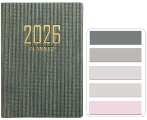 RuiChy Mini 2026 Agenda de Poche, Couverture Texturée en PU Petit A7 Planner Semainier 128 Pages Weekly Agenda Journalier Organisateur Calendrier Carnet avec Morandi Onglets D'Index (Vert Foncé)