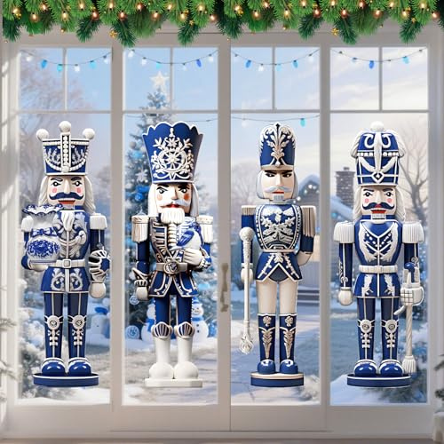 Fullhawl 4 Sheets Large Christmas Window Clings Decorations Nutcracker Soldiers Christmas Window Clings Nutcrackers Xmas Stickers for Holiday Party(Blue and White Porcelain) | Large Nutcracker Glass Decals, Double Side, Xmas Window Decals Stickers for Holiday Office Home School Party Decor