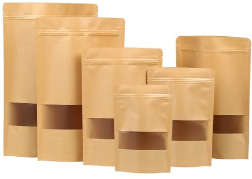 MOMAHUA 50P Bolsas de Kraft con Ventana y Cierre Hermético,16 * 23+4cm Bolsas de Papel Resellables para Café, Frutos Secos, Snacks y Té - 6 Tamaños,Base Ancha y Superficie para Escribir