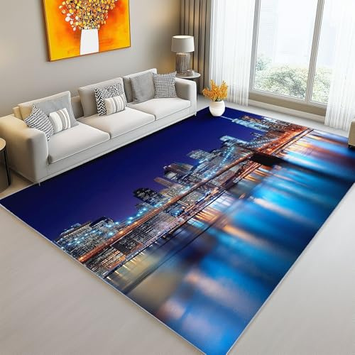 Teppich Wohnzimmer, Fotografie Stadt Architektur Nachtansicht rutschfest Waschbar Blau 5 Kurzflor Teppiche für Schlafzimmer Kinderzimmer - Weiche Flanell Korridor Esszimmer Teppich 100 x 150 cm