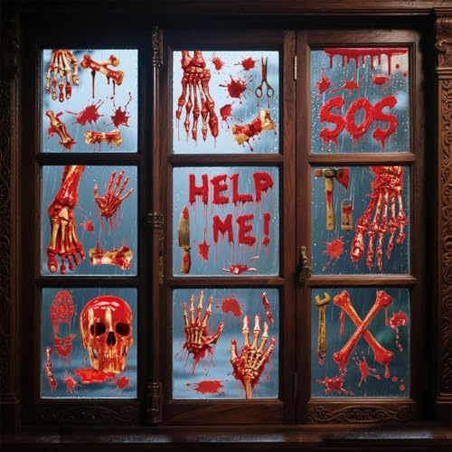 Halloween Fensterbilder Horror, Halloween Deko Fenster Selbstklebend Blutige Handabdruck Fußabdruck Fenstersticker,Gruselige Fensteraufkleber für Party Schule Fensterdeko