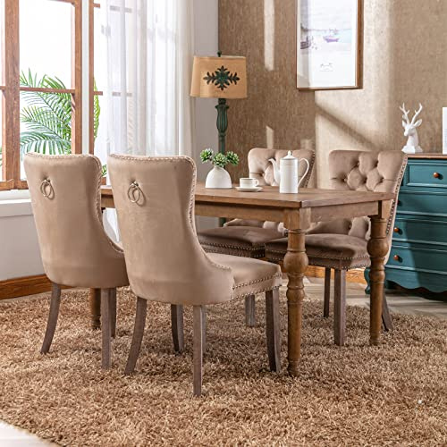 Lot de 4 Chaises de Salle à Manger, Chaise Salle a Manger Haut Dos en Velours, Chaise à Manger Rembourrée Douce avec Jambes en Bois, Décoration Rivets, Supporter Un Poids de 130kg, Khaki
