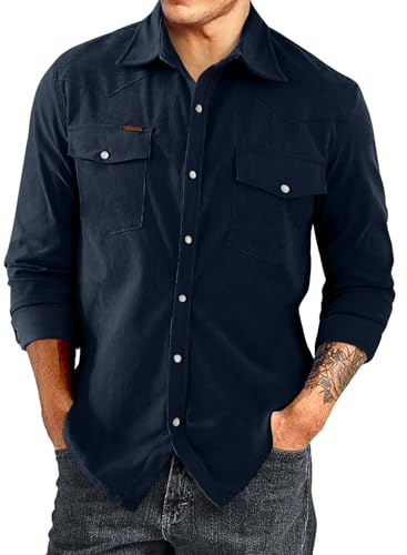 JMIERR Men's Corduroy Shirts Casual Button Down Shirts Long Sleeve Shacket Jackets with Pocket,Blue,XL