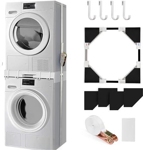 Supporto Asciugatrice Sopra Lavatrice con Cinghie Cricchetto(46-66 cm), Telaio Intermedio Universale per Lavatrice e Asciugatrice, Misura Regolabile Mobile Porta Lavatrice e Asciugatrice a Colonna