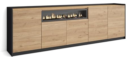 Skraut Home | Aparadores para salón | Gran Capacidad de almacenaje | 260x80x37 cm | 5 Puertas | Chimenea eléctrica | Estilo Moderno | Roble y Negro