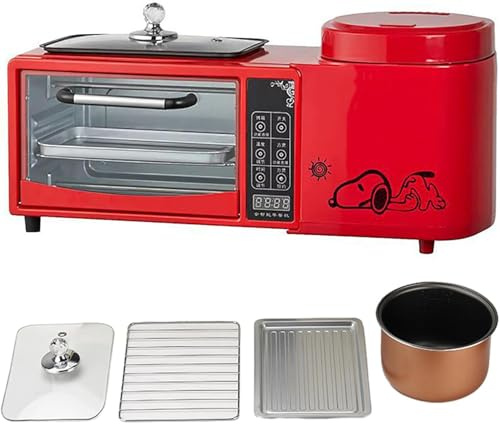 Stazione per la Colazione 4 In 1, Macchina Multifunzione per la Colazione Intelligente con Forno a 2 Strati, Vaporiera Elettrica da 1 Litro e Padella Elettrica, Controllo Indipendente della Tempe red