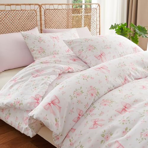 Tospass Blumen Bettwäsche 135x200 Rosa Weiß Floral Schleifen Bettwäsche Set | Aesthetic Wendebettwäsche, 2teilig Mädchen, Microfaser ÖKO-TEX Bettbezug mit Reißverschluss und 1 Kissenbezug 80x80cm