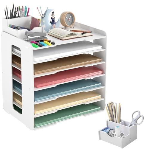 Exquilnova 7-Tier Schreibtisch Organizer A4, Dokumentenablage A4 mit Stiftehalter, Weiß Ablagefächer Schreibtisch, Papierablage, Briefablage Stapelbar für Büro Schule Zuhause, Schreibtischzubehör