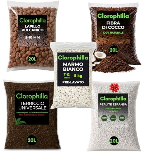 CLOROPHILLA Kit Completo 5 Elementi – Terriccio con 30% di Humus, Perlite Espansa, Lapillo Vulcanico 5-10 mm, Fibra di Cocco e Marmo Bianco – Substrato Professionale per Piante (KIT 20L X5)