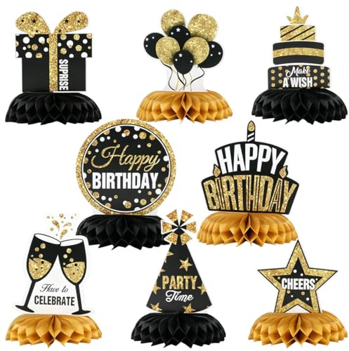 8 Pezzi Oro Nero Centrotavola Compleanno, Decorazioni da Tavola, Centrotavola a Nido d'Ape, per Feste di Compleanno