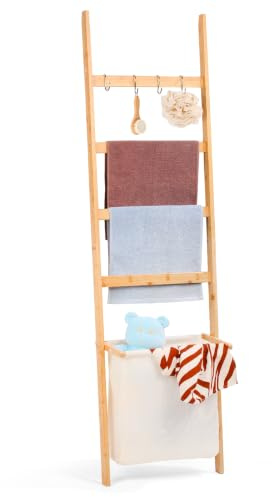Échelle porte-serviettes en bambou avec panier à linge et 4 crochets - Porte-serviettes sur pied - Avec panier de rangement pour salle de bain - Couleur bois naturel - 170 x 43 cm