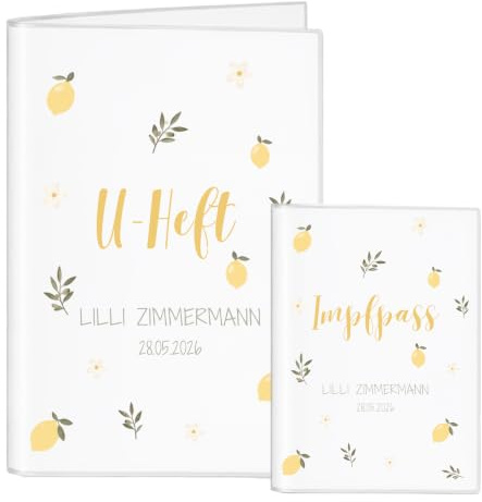 Personalisierte U-Heft Hülle mit Name & Geburtsdatum – U-Heft & Impfpass Hülle Baby – Untersuchungsheft Hülle personalisiert – Baby Geschenk zur Geburt oder Taufe (Zitronen)