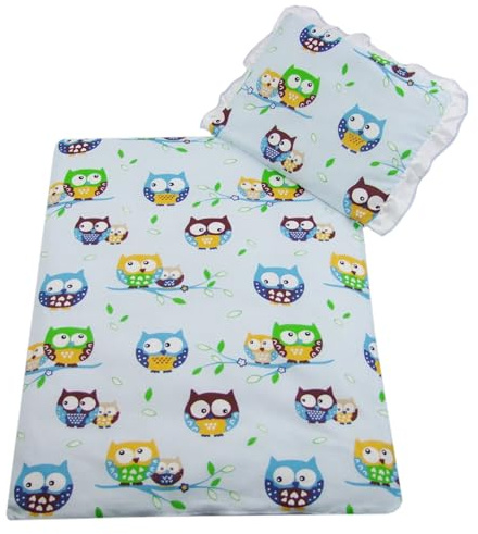 Rawstyle 4 TLG. Set Bezug für Kinderwagen *EULEN-Motiv* Garnitur Bettwäsche Decke + Kissen + Füllung (Heulen Hellblau)