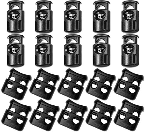 CKANDAY 40 Stück Kunststoff Kordel Schlösser, Ende Frühling Toggle Stopper Slider für Rucksack Rucksack Bastelbedarf, 20 Stück Sing-Loch, 20 Stück Double-Loch (schwarz)