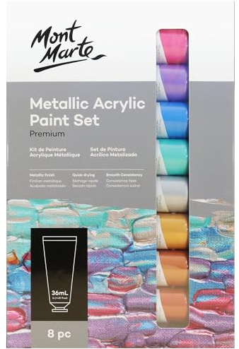 Mont Marte Akrylfärgssats – Metallic – 8 stycken, 36 ml tuber – Perfekt för Akrylmålning – Lysande ljusfasta färger med stor opacitet