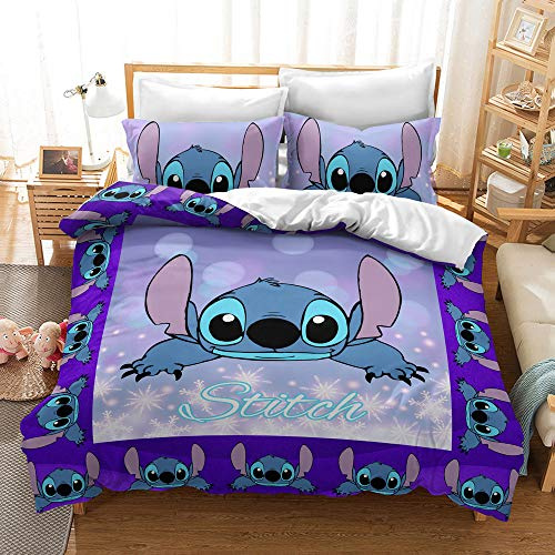 NICHIYO Stitch Bettwäsche Set - Bettbezug und Kissenbezug,Mikrofaser,3D Digital Print dreiteiliger Bettwäsche(Bettbezug + Kissenbezüge) (14,Double 200x200cm)