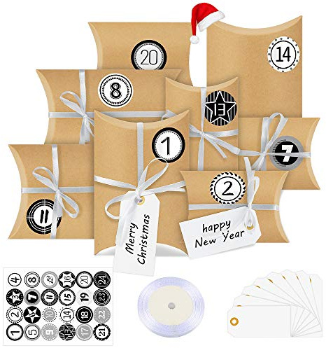 Bluelves Adventskalender zum Befüllen, 24 Adventskalender Boxen, mit Zahlenaufklebern, für Weihnachten zum Basteln und Verzieren, Weihnachts-Geschenktüte zum DIY