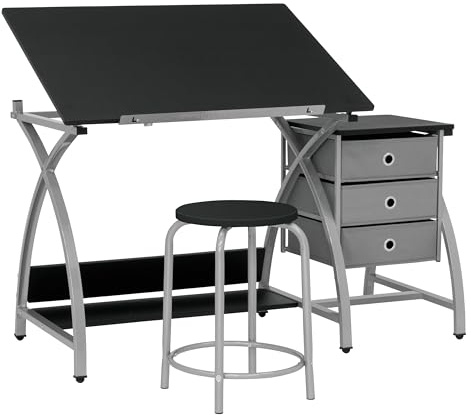 SD Studio Designs 2 Piece Comet Center Plus, Craft Table and Matching Stool Set with Storage and Adjustable Top, Silver/Black