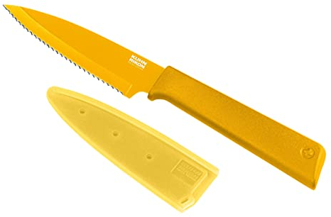 KUHN RIKON Colori+ - Cuchillo de cocina (hoja dentada, protector de hoja, antiadherente, acero inoxidable, 19,5 cm), color amarillo