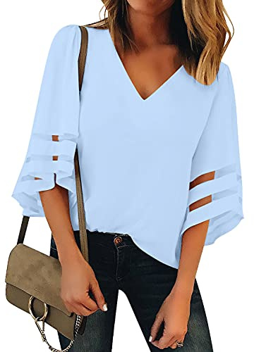 LookbookStore Fall Clothes for Women Chambray Blue V Neck Casual Mesh Panel Blouse 3/4 Bell Sleeve Solid Color Loose Top Summer Lightweight Work Shirt Size X-Large