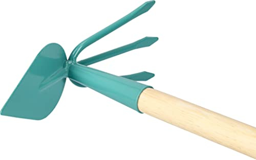 KOTARBAU® Azada de Metal con Mango de Madera Largo, Azada con rastrillos, Azada para mullir, airear y desherbar, Azada Doble, Herramientas de jardín para Tierra, Azada de Punta, Escardillo