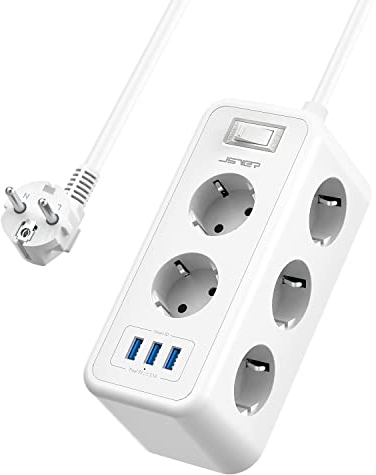 JSVER Steckdosenleiste mit USB,8 Fach Verteilersteckdose mit 3 USB Ladeanschlüsse Mehrfachsteckdose(3680W 16A) mit USB Wandmontage Mehrfachstecker mit 2M Kabel für Smartphones, Laptop -Weiß