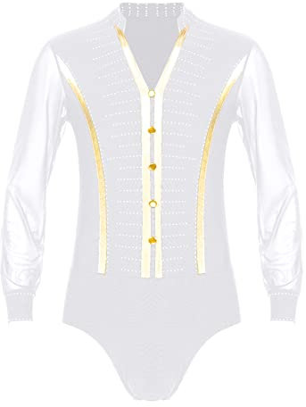 Runhomal Herren Tanz-Body Bodysuit Sparkling Strass Trikot Leotard Blusenbody V-Ausschnitt Hemd Body Jazz Samba Latin Outfits Performance Tanzkostüme Weiß XXL