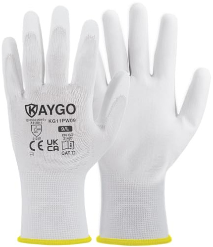 KAYGO PU beschichtet Arbeitshandschuhe für Herren Damen 12 Paar, KG11PW | Schutzhandschuhe, antirutsch Grip an Handflächen und Fingern, Geeignet für Lager DIY Gartenarbeit (Weiß, L, Gr 9)