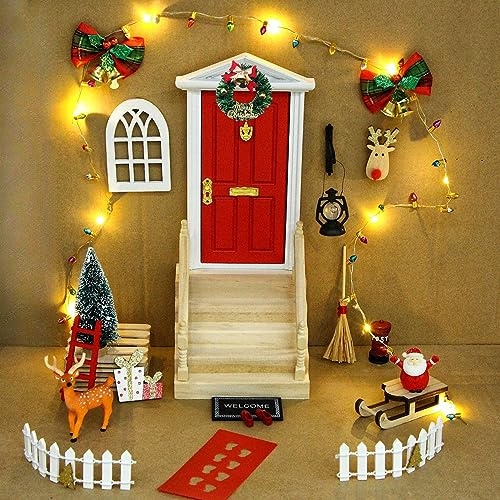 Qivine 27Pcs Weihnachtswichtel Tür Set, Miniatur Wichteltür Beleuchtet mit Briefkästen, Bastelvorlagen Wichtel Set Komplettset mit Miniatur Zäun, Leiter, Kranz