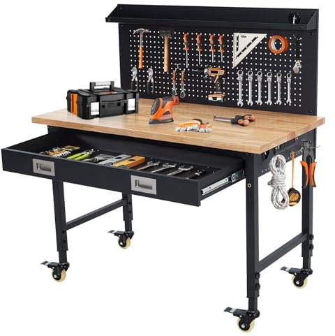 JustSmart Workbench Adjustable Height 72-100cm Oak Plank & Carbon Steel Heavy Duty 2000lbs Capacity Black Bench 48x24 Hardwood 3m Cable 30 Hooks