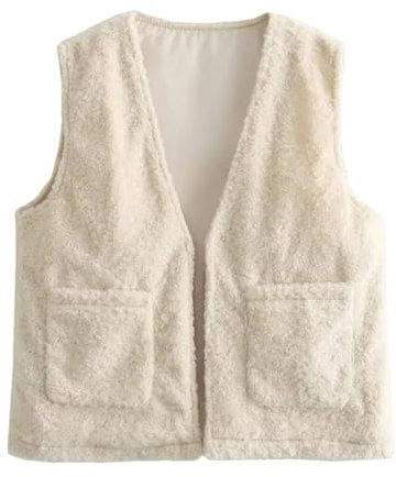 Ornrjfll Beige Weste Frauen Faux Schaffell Weste Chic Dame Fleece Warme Weste Weibliche Ärmellose Jacke Herbst Winter, beige, 36