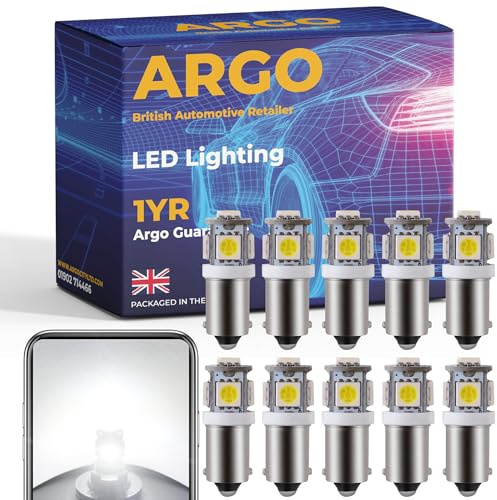 Argo 233 Ba9s Led Bulbs Xenon White 5 Smd 12v Pack Of 10 | 433 T4W, Number Plate Light, Car Van, Side Marker Reverse, Bright Upgrade Side Light Parking, Dome Map Boot Interior