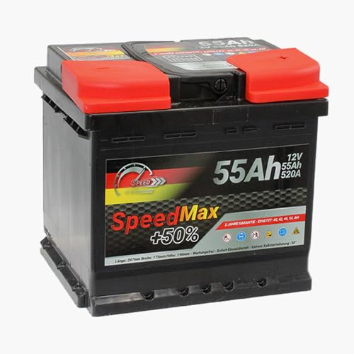 SMC Autobatterie Speed Max 55Ah 12V 520A Starterbatterie für Autos | mit hohem Energiebedarf ersetzt 40 44 50 52 53 55 ah überlegene Leistung Pluspole Recht Wartungsfrei