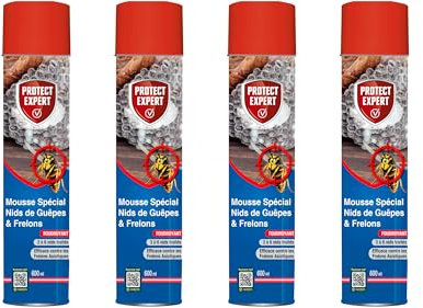 PROTECT EXPERT 4 Aérosols Anti Nids De Guêpes & Frelons - 4x600ml - Mousse Et Jet Longue Portée - Traitement A Distance - Pulvérisation Jusqu’à 3 Mètres - Action Choc & Foudroyante GUEPMOUS600X4