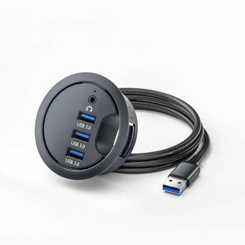 chenyang USB 3.0 Unterputz Desktop Hub,3 USB 3.0 Port Hub Tüllenloch 2,36 Zoll (60 mm) mit 3,5mm Audioanschluss