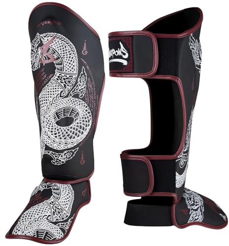 8 WEAPONS Schienbeinschoner Sak Yant Naga, Schwarz-braun, Training & Wettkampf, Hochwertiges Kunstleder und perfekte Dämpfung, Muay Thai, K1, MMA, Karate & Kickboxen