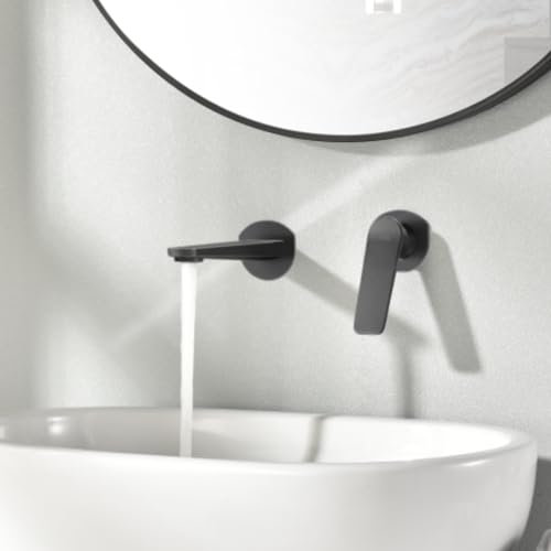 IMEX - Grifo Lavabo Negro Empotrado | Grifo Empotrado Baño con Agua Fria y Caliente | Grifo Monomando Lavabo Pared con Ahorro de Agua | Serie Nápoles | Color Negro Mate