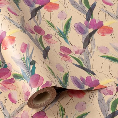 Ruspepa Rulle med presentpapper, tulpaner, blommigt, akvarell, presentinslagning, minirulle, kraftpappersrulle, för vår, sommar, bröllop, födelsedag, 43 cm x 10 m