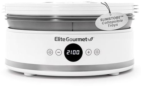Elite Gourmet EFD329WD Digital Food Dehydrator with 5 BPA Free SlimStore™ Collapsible Trays for Compact Storage, Adjustable Timer and Temperature Controls, Jerky, Herbs, Fruit, Veggies, Snacks, White