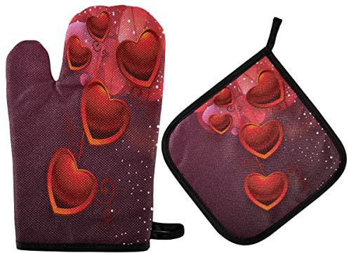 Ofenhandschuhe Glückliche Liebe Rote Herzen Kochhandschuhe Anti-Rutsch Grillhandschuhe Premium Qualität Topfhandschuhe Für Barbecue Kochen Backen